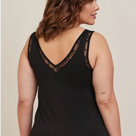 STUDIO CREPE JERSEY LACE INSET DOUBLE V-NECK TANK - NWT - Picture 3 of 7